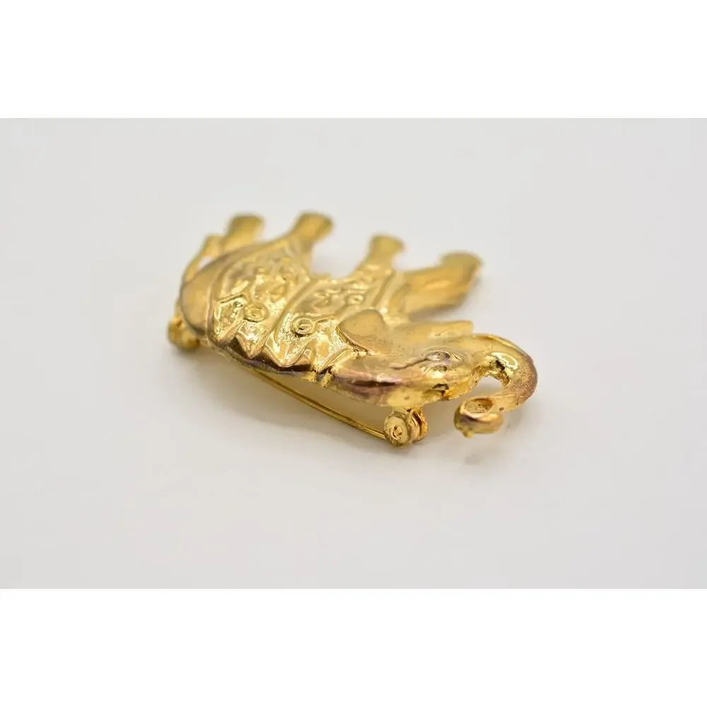 Vintage Elephant Pin Brooch Gold Rhinestone Antiqued Gold Tone Chunky 1980s 9B